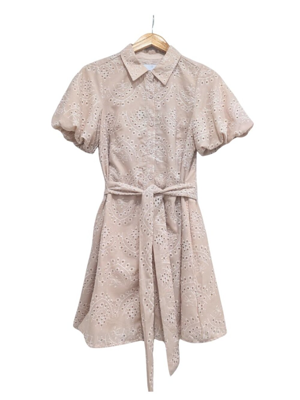 Sam Edelman Eyelet Puff Sleeve Shirt Dress Natural Size 4 NWT Belted - Picture 5 of 11